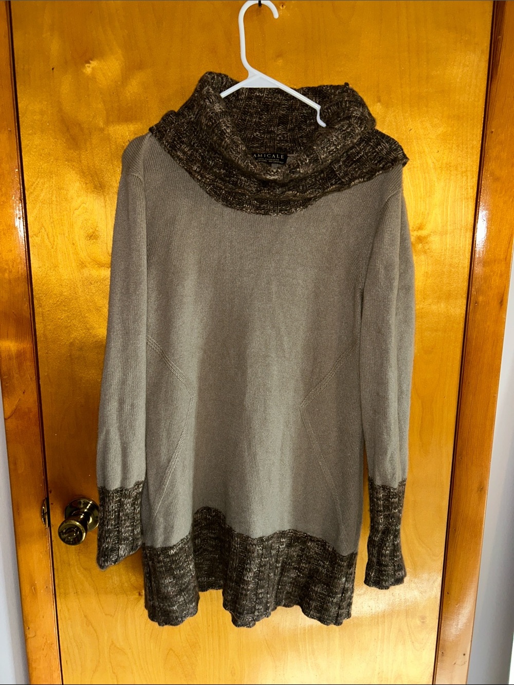 Amicale Cashmere taupe Cowl Neck Sweater with Brown Marled Trim
